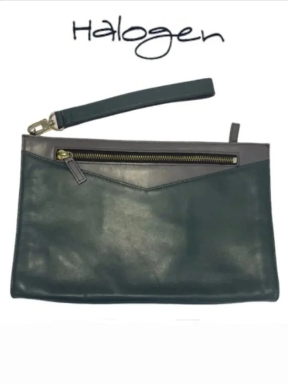 HALOGEN Leather Clutch Dark teal green w/wrist strap Two-Toned Minimalist Mod